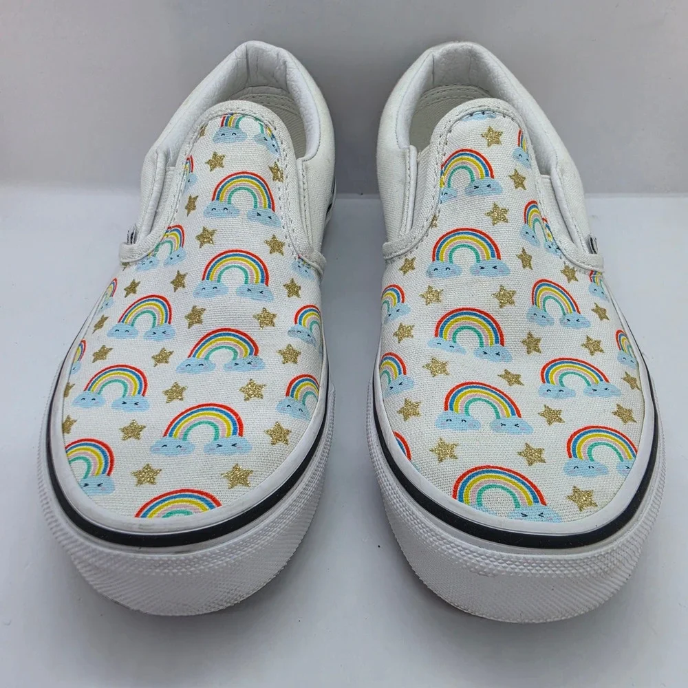 Vans Kids Classic Slip-On Rainbow Star Glitter White Canvas Shoes Size‎ 2.5 Kids